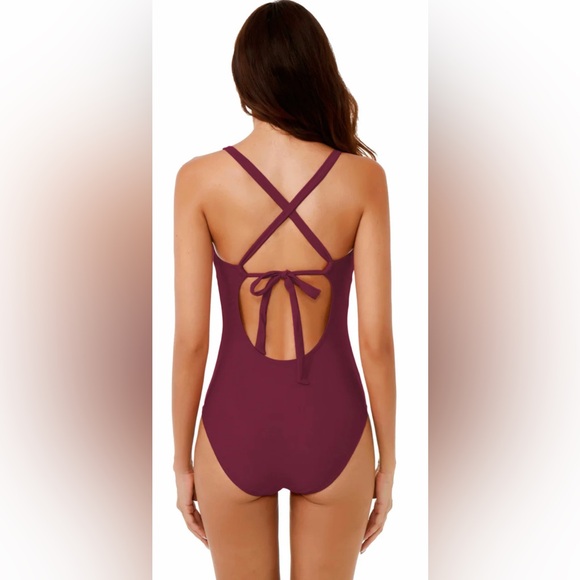 NWT BCA Size XS Burgundy Swimsuit One Piece Plunge Neck Lace Front Boho - Picture 3 of 10